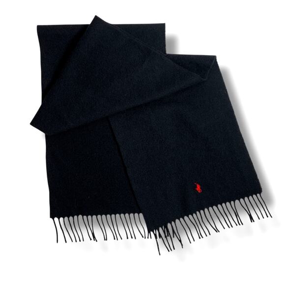 POLO Ralph Lauren Wool Scarf Lambswool Made in Scotland Black Fringe - Picture 5 of 5